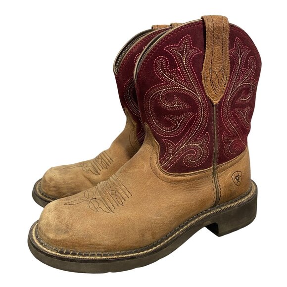 Ariat Fatbaby Womens 7B Western Cowboy Boots Leather & Suede Tan/Burgundy Embro - Picture 1 of 11